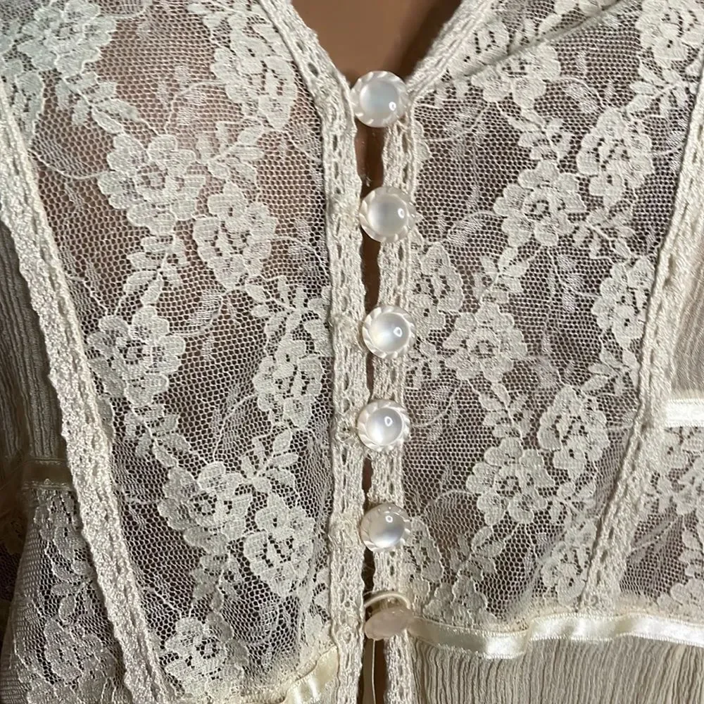 Free People Cream Lace Trim Button-Front Blouse